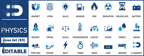 Physics icon set, containing atom, science, laboratory, magnet, experiment, research, quantum and more. Solid vector icons collection.