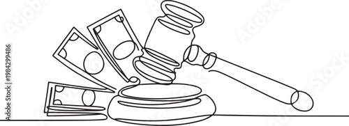 Continuous one line of a gavel surrounded by currency notes.one line drawing vector illustration