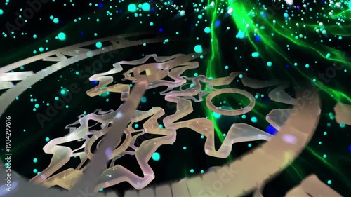 A surreal cosmic clock with rotating gears floats within a glowing galaxy, symbolizing the infinite flow of time, universal motion, and the connection between mechanics and the cosmos.
