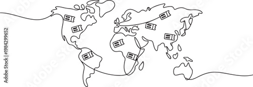 Continuous one line of a global map connected by ticket icons, representing worldwide ticket distribution.one line drawing vector illustration