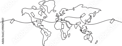 Continuous one line of a global map connected by ticket icons, representing worldwide ticket distribution.one line drawing vector illustration