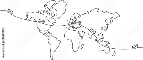 Continuous one line of a global map connected by ticket icons, representing worldwide ticket distribution.one line drawing vector illustration