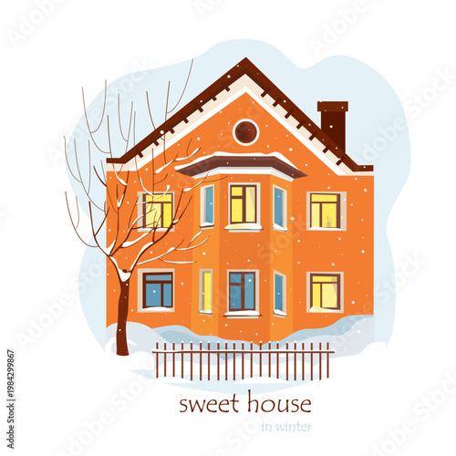 Vector illustration of a beautiful, cozy house. A bright hand-drawn house in the snow and snow-covered trees. Illustrations for postcards, souvenirs and gifts.