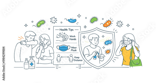 Bacteria spread public health awareness scene showing individuals in a shared indoor environment learning about hygiene and preventing transmission through simple actions