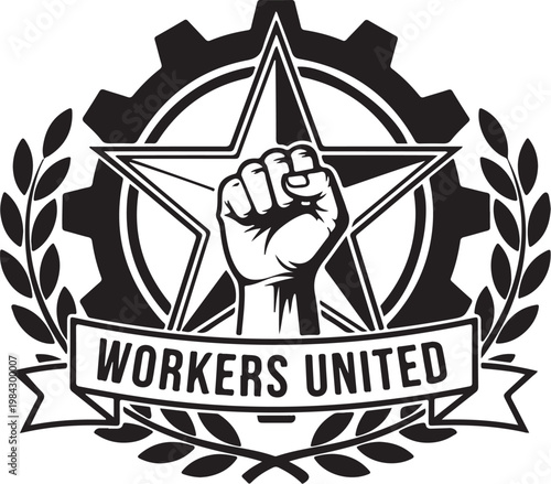 Workers United, Labor Union, Industrial Emblem, Black Vector Icon