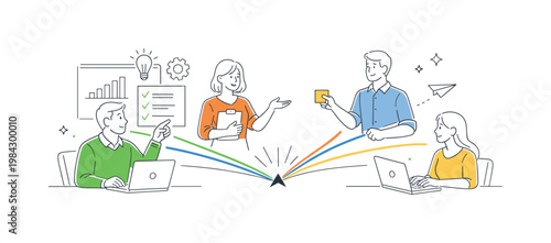A clear process convergence scenario where a team brings multiple parallel tasks together into a single unified outcome during a planning session, centered around a