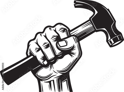 Gripping hand holding hammer, fist gripping tool, black and white illustration, vector graphic