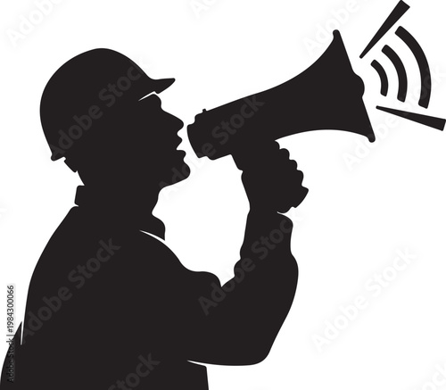Black silhouette construction worker speaking megaphone, loudspeaker icon, announcement symbol, industrial communication