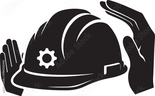 Protecting a hard hat with a gear icon, symbolizing safety, security, and industrial work in a secure environment, highlighting protection and operational integrity