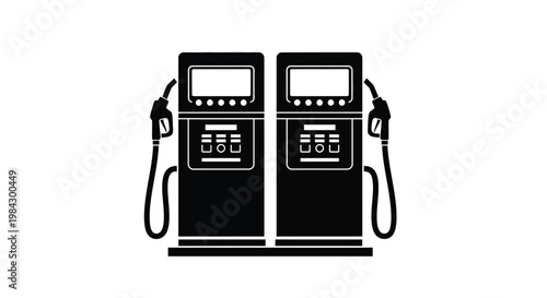 A stark black silhouette depicts a pair of modern gas pumps showcasing fuel nozzles displays and keypads creating a minimalist silhouette high quality professional