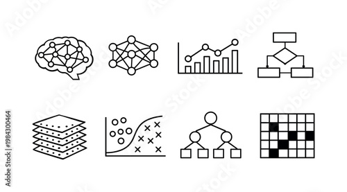 Machine learning concepts: brain network, neural nodes, data chart, algorithm flowchart, training dataset, prediction graph, decision tree, pattern recognition grid.