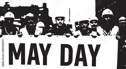 Protest, May Day, Labor Rights, Black and White Vector Illustration