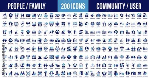 Huge collection and concept of people, family, community, population, group and user. Large set of 200 solid icons. Vector illustration