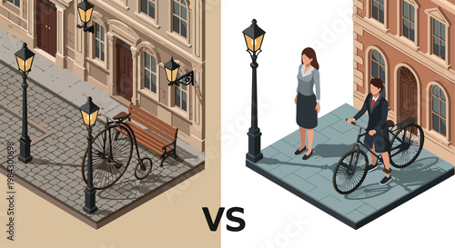 Illustration comparing urban cycling scenes on World Bicycle Day with a man and woman riding or walking with bicycles in city streets