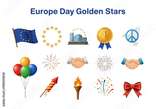 Set of golden celebratory icons with European Union flag, stars, fireworks, and balloons