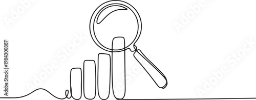Continuous one line of a magnifying glass over a chart, representing research, insight, and business analytics. one line drawing vector illustration
