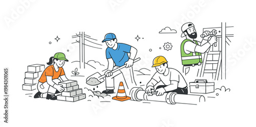 Manual labor physical work scene showing a small group of workers performing hands on tasks and building or maintaining infrastructure in an outdoor environment, using