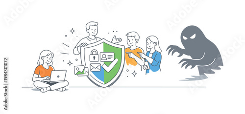 Users safeguarding personal data and preventing unauthorized access in everyday digital interactions, visualized with a metaphor of a shield protecting simple data icons