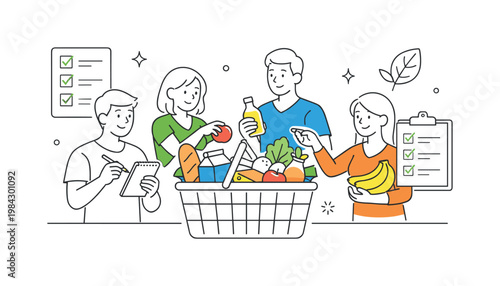 Grocery shopping and everyday food selection in a domestic or lifestyle setting where people gather ingredients for meals, illustrated by a basket filled with mixed food