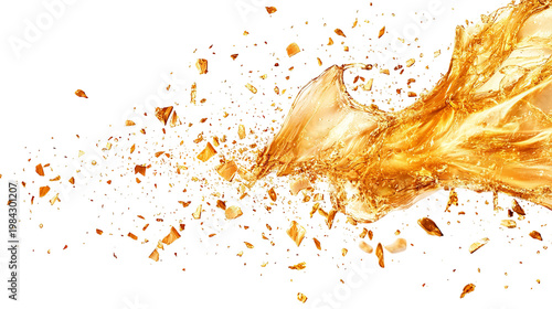 Golden burst of fluid with fragmented particles against a black background