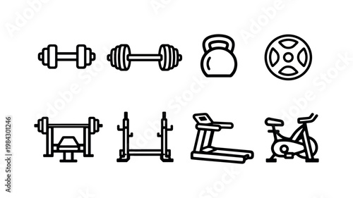Gym workout: dumbbell, barbell, kettlebell, weight plate, bench press, squat rack, treadmill, exercise bike.