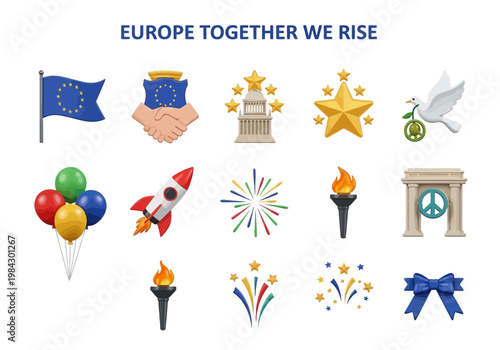 Europe Together We Rise - Collection of Icons Representing Unity, Achievement, and Celebration