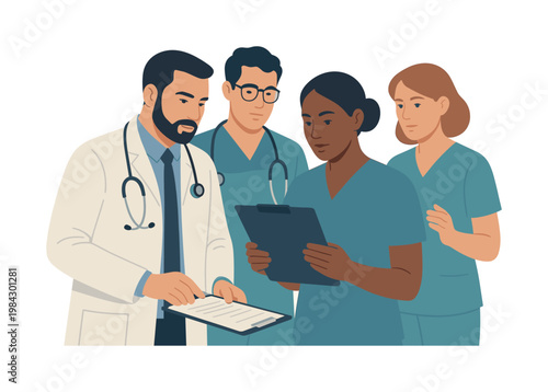 Healthcare teamwork scene where doctors and nurses collaborate to make informed decisions and provide treatment, emphasizing communication, expertise, and coordinated