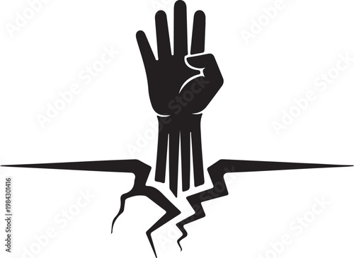 Abstract graphic illustration depicting a raised hand with fingers spread in a stylized form, emerging from cracked ground, symbolizing protest or empowerment with a bold, stark aesthetic