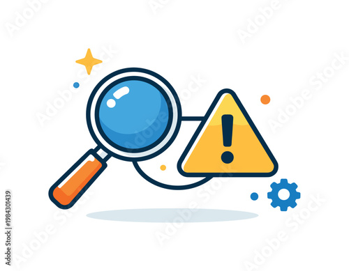 Problem analysis process focused on identifying root causes and understanding challenges in a business or technical environment, a magnifying glass connected to a simple