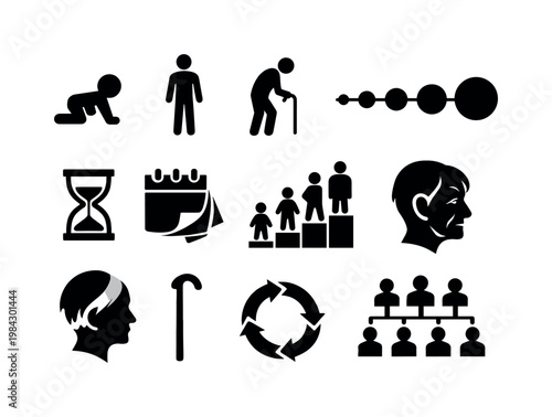 Aging process and life stages: baby figure, adult figure, elderly person, aging timeline, hourglass, calendar passing days, growth stages chart, wrinkle face, gray hair