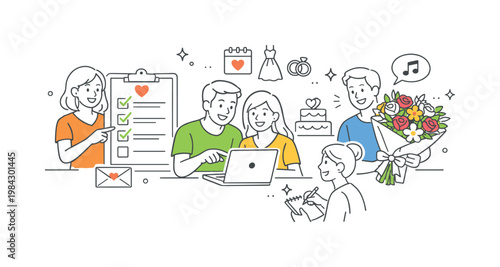 Wedding planning process concept illustrating individuals organizing details and preparing for a special event in a structured and collaborative way, using a checklist