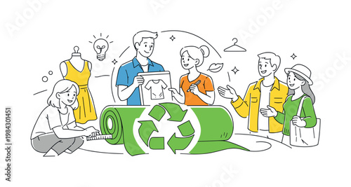 Sustainable fashion business concept featuring designers and consumers collaborating on environmentally conscious clothing choices, using a fabric roll and a single