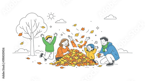 Autumn play outdoor activity scene showing children and adults enjoying seasonal leisure time together in a park environment, using a pile of falling leaves and a simple