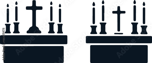 Black silhouettes of altar with crosses and lit candles