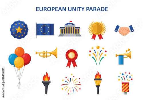 European Unity Parade Icons Symbols of Celebration, Achievement, and Patriotism for Events and National Days