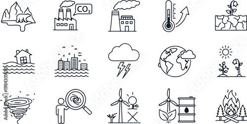 Collection of black line icons depicting environmental and climate change concepts
