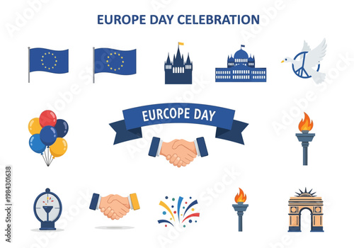 Europe Day celebration icons flags, landmarks, handshake, fireworks, torches, and balloons