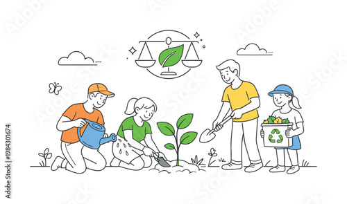 An environmental care scenario where individuals actively protect and maintain natural spaces through simple actions, shown through a small group tending to a plant with