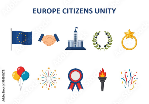 European Union symbols and icons representing unity, celebration, and governance