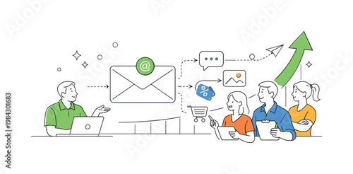 A digital marketing scenario where businesses communicate with audiences through targeted email campaigns to promote products and services, illustrated through a clean