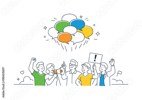 Group of individuals engaging in civic action to raise awareness about community issues and influence decision-making processes, represented through a metaphor of a