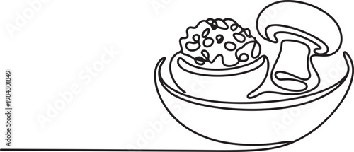 Continuous one line of a pair of stuffed mushrooms on a small bowl, symbolizing savory bite and elegance.one line drawing vector illustration