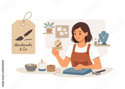 Small business branding scenario where an artisan develops a unique identity for handmade products through thoughtful design and presentation in a creative workspace,