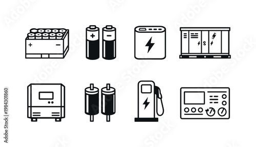 Energy storage systems: battery pack, battery cells, power bank, grid storage unit, inverter box, capacitor, charging station, control panel.