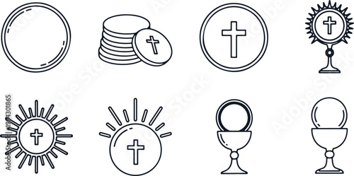Black and white line drawing of various christian communion symbols