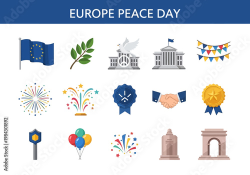 Collection of European symbols for Peace Day and international relations, including flags, monuments, and celebratory elements