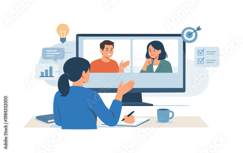 A remote team collaborating and sharing ideas in a structured virtual environment, depicted as a person interacting with a screen displaying two small participant windows