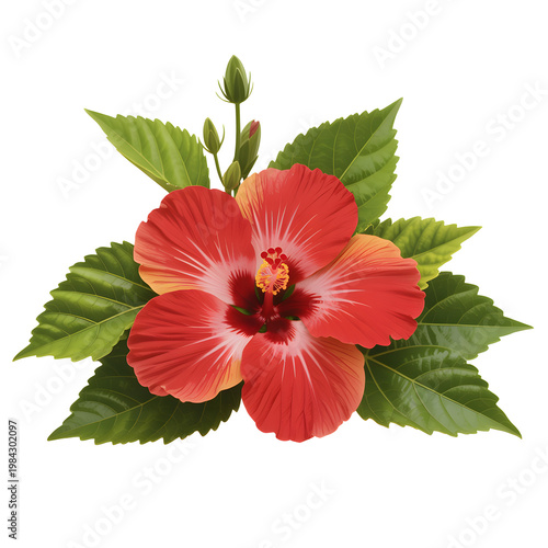 Vibrant red hibiscus flower, tropical bloom, green leaves, floral decoration