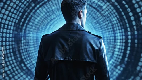 Man in trench coat facing digital tunnel for commercial backgrounds, digital design, and advertising