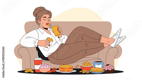 Unhealthy lifestyle concept featuring woman lounging on sofa and eating large variety of junk food and sweet snacks while relaxing at home.